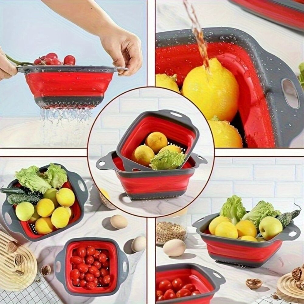 NEW 2-Pack Collapsible Silicone Colanders Red -Space-Saving Kitchen Strainers